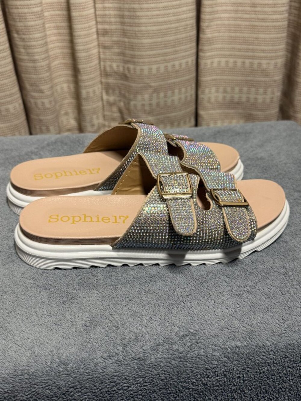 Girls Sophie17 Rhinestone Slide Sandals - Silver/Tan Size 3 - Picture 2 of 4